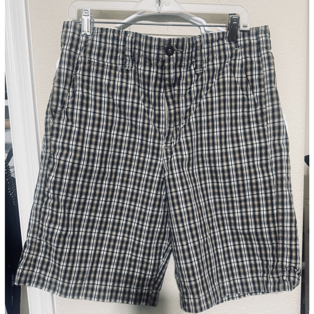 Men's Brown Plaid Shorts Merona 33x10 casual chino flat front 100% cotton